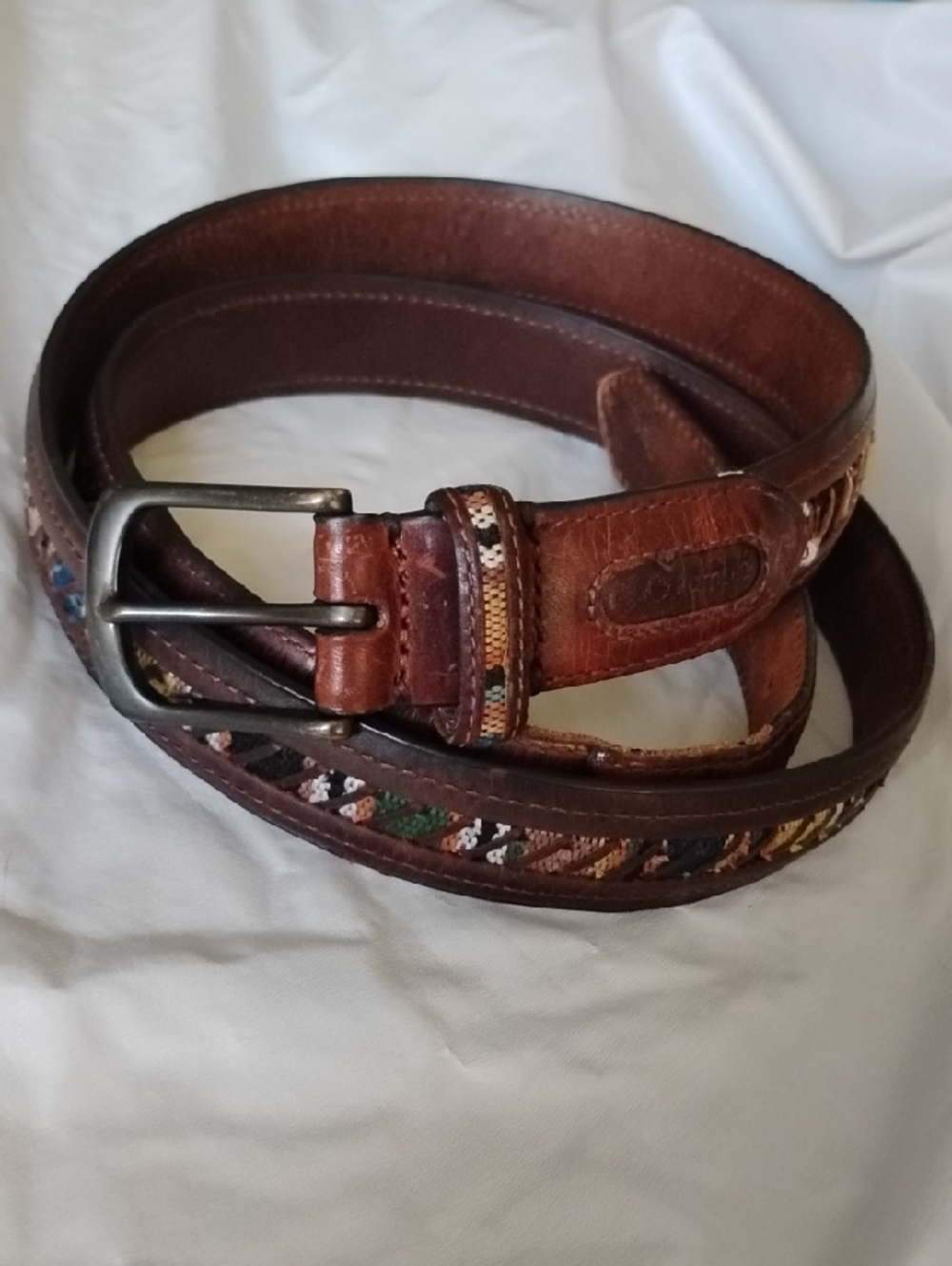 Columbia Brown Leather Belt Colorful Fabric Inlay Men's 46"